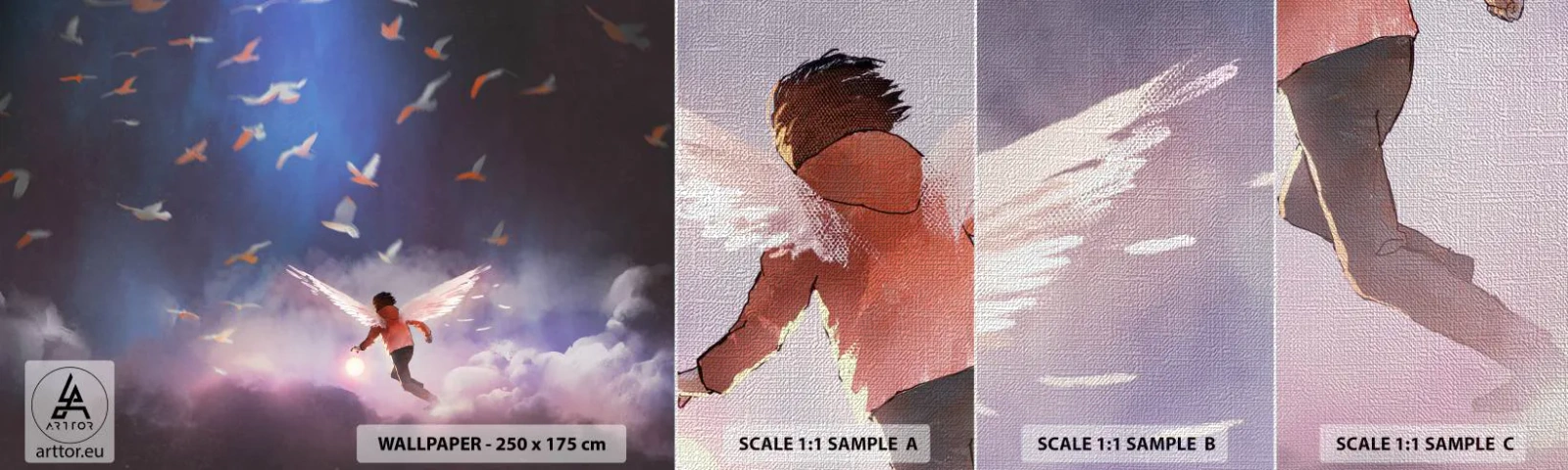 Fotobehang Monster Premium Canvas - Je hebt verbeeldingskracht en moed nodig - Abstractie, Fantasie, Ikarus - 100x30 cm