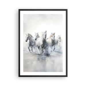 Poster in een zwarte lijst - Witte paarden galopperen door het water in een dynamische omgeving - 50x70cm - Witte magie - Moderne wanddecoratie voor woonkamer en slaapkamer ARTTOR
