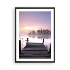 Poster in een zwarte lijst - Een pier aan het meer in pastelkleuren in de ochtend - 50x70cm - Van de lila mist... - Moderne wanddecoratie voor woonkamer en slaapkamer ARTTOR