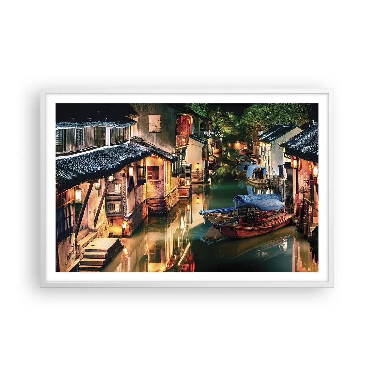 Poster in een witte lijst - Een avond op een Chinese straat - 91x61 cm