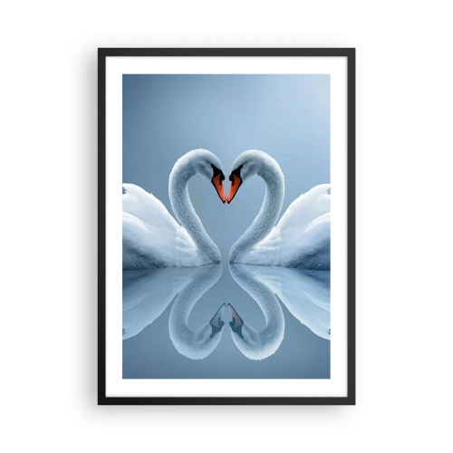 Poster in een zwarte lijst - Hartvormige zwanen tegen de lucht - 50x70cm - Tijd voor liefde - Moderne wanddecoratie voor woonkamer en slaapkamer ARTTOR