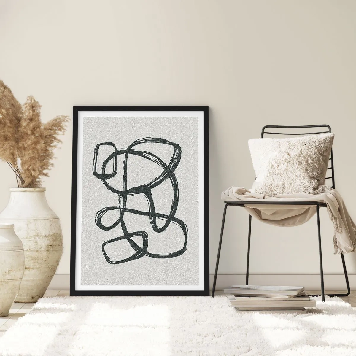 Poster in een zwarte lijst - Abstracte zwarte lijn op een lichte achtergrond - 50x70cm - Lusvormige abstractie - Moderne wanddecoratie voor woonkamer en slaapkamer ARTTOR