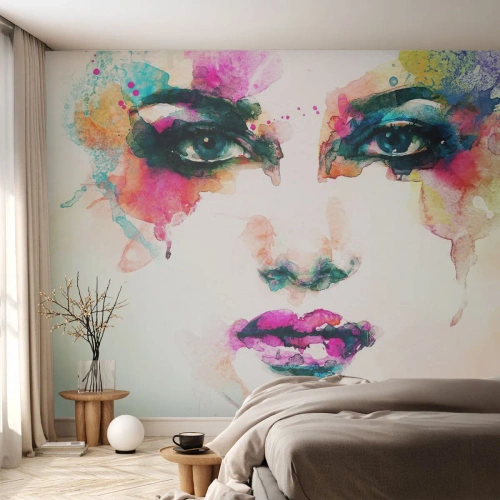 Fotobehang op maat Zelfklevend Deluxe Sticker - Een portret geschilderd met een regenboog - Abstractie, Het gezicht van de vrouw, Deel