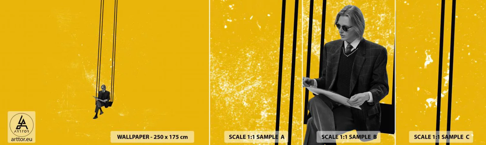 Fotobehang Monster Zelfklevend Deluxe Sticker - Dag als iedere dag - Moderne kunst, Schommel, Man - 100x30 cm