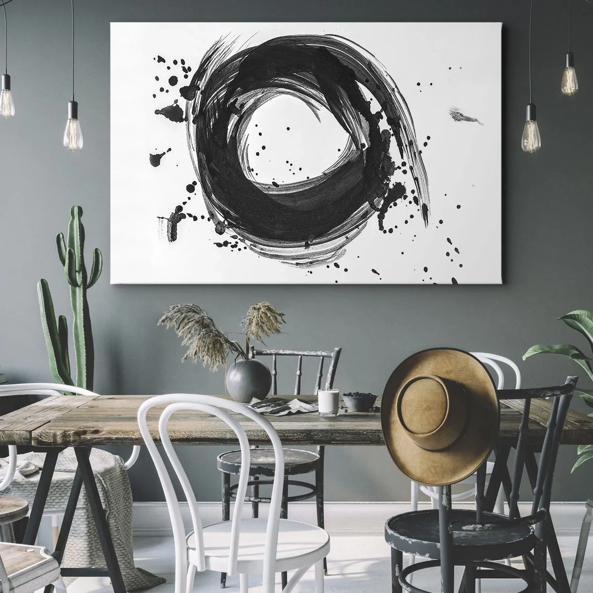 Schilderen op canvas - Zwarte abstractie in de vorm van een cirkel op een witte achtergrond - 70x50cm - De draaikolk van de schepping - Moderne wanddecoratie voor woonkamer en slaapkamer ARTTOR