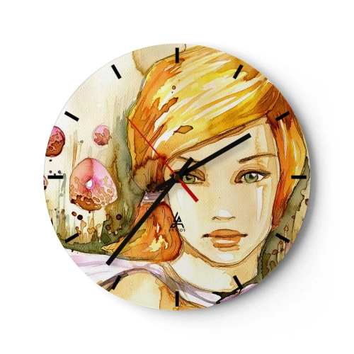 Wandklok - Klok - Artistiek portret van een vrouw met rood haar en smaragdgroene ogen - 30x30cm - Een smaragdgroene look die woede kalmeert - Moderne wanddecoratie voor woonkamer, keuken en slaapkamer ARTTOR