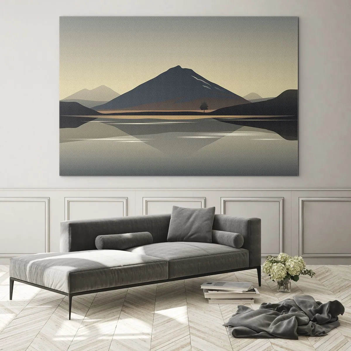 Schilderen op glas - Bergen en meer in warme tinten met een reflecterend effect - 70x50cm - Spiegelreflectie - Moderne wanddecoratie voor woonkamer en slaapkamer ARTTOR