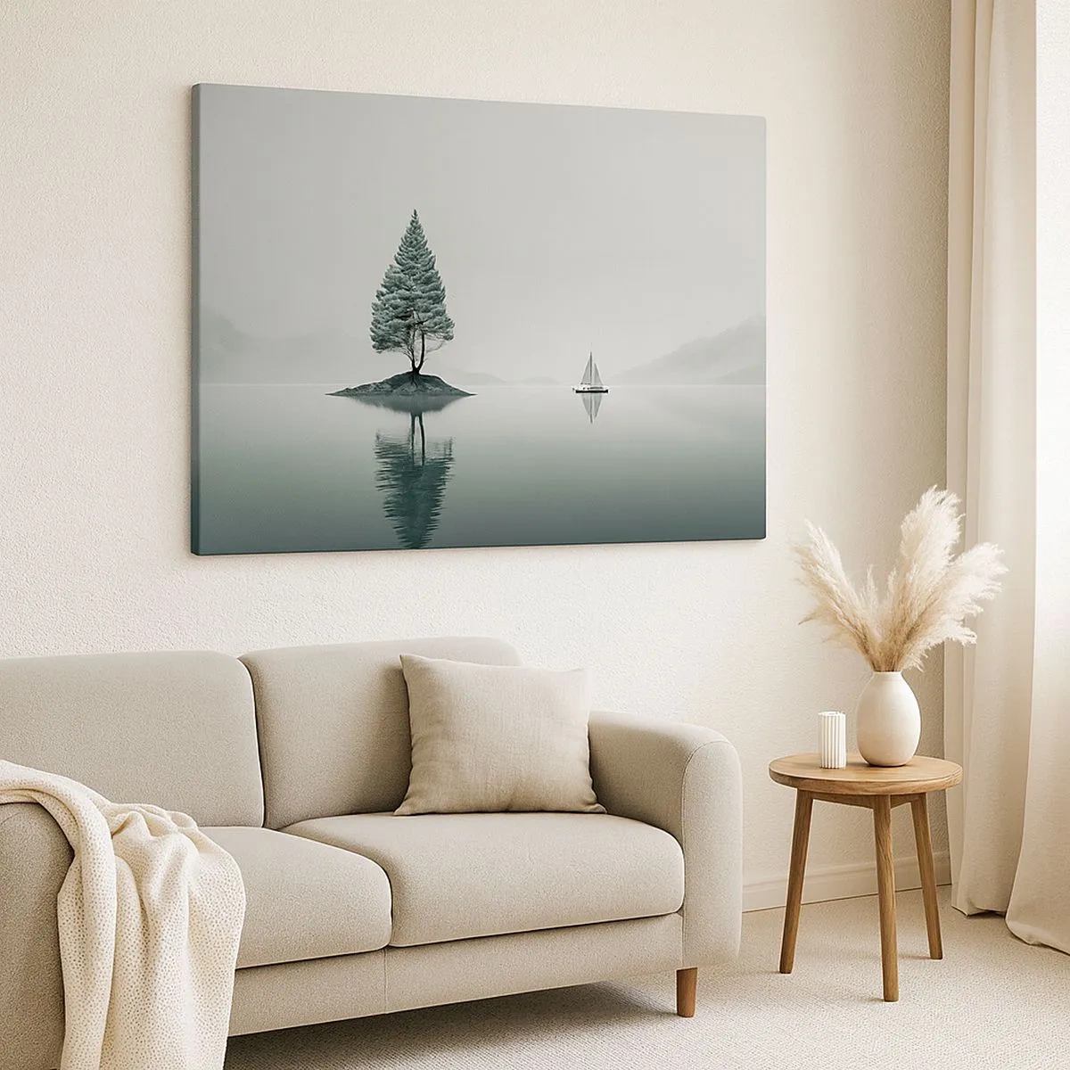 Schilderen op canvas - Een minimalistisch landschap met een boom op een eiland en een zeilboot. - 70x50cm - Droom - Moderne wanddecoratie voor woonkamer en slaapkamer ARTTOR