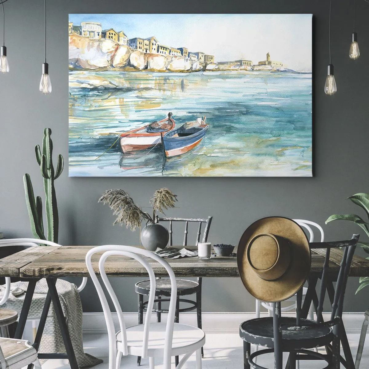 Schilderen op canvas - Een schilderachtig kustlandschap met boten op het water - 70x50cm - Azuurblauw landschap - Moderne wanddecoratie voor woonkamer en slaapkamer ARTTOR