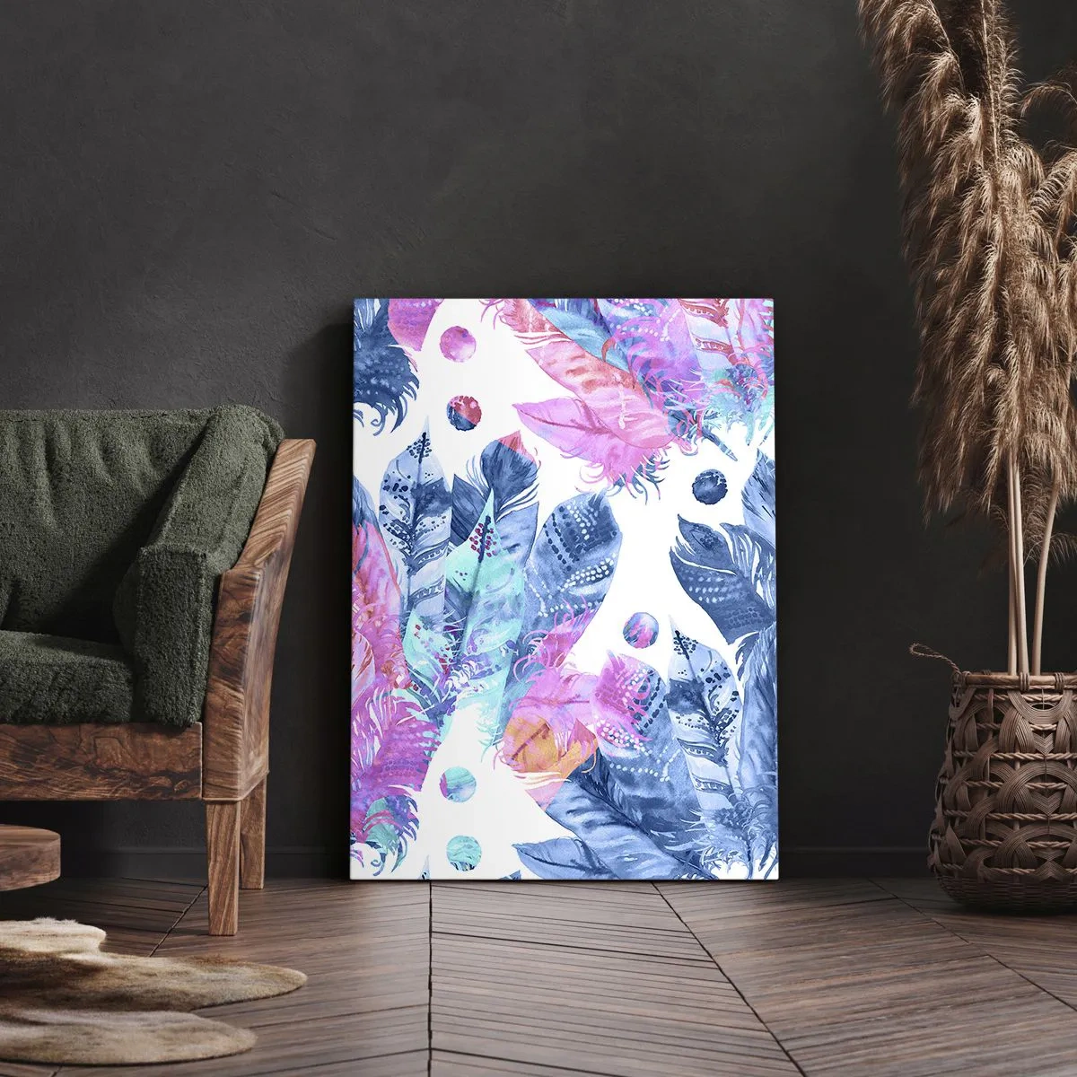 Schilderen op canvas - Pluimen in roze en blauw - 55x100 cm
