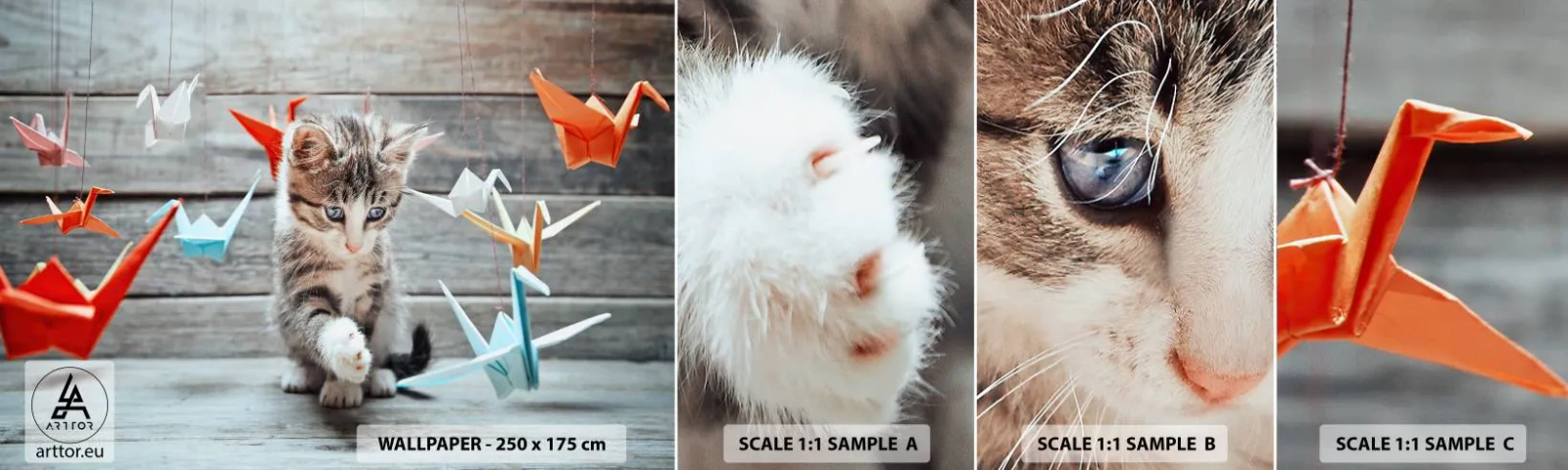 Fotobehang Monster Zelfklevend Deluxe Sticker - Eerste les - Dieren, Kat, Origami - 100x30 cm