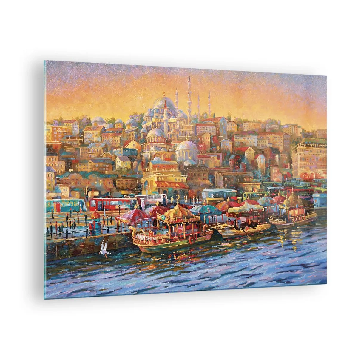 Schilderen op glas - Een kleurrijke haven met boten en een stadspanorama bij zonsondergang - 70x50cm - Istanboel verhaal - Moderne wanddecoratie voor woonkamer en slaapkamer ARTTOR