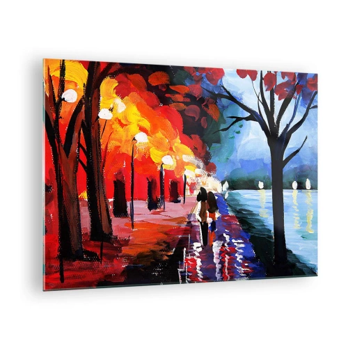 Schilderen op glas - Een stel loopt 's avonds in een kleurrijk park - 70x50cm - Brandende herfst in het park - Moderne wanddecoratie voor woonkamer en slaapkamer ARTTOR