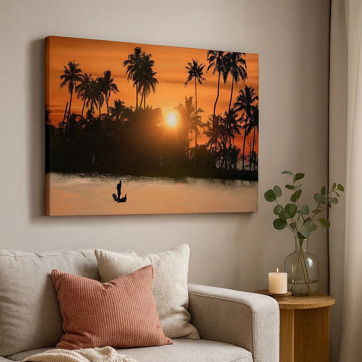 Schilderen op canvas - Zonsondergang boven palmbomen en een kalm meer met een boot - 70x50cm - Tijd om te ontspannen - Moderne wanddecoratie voor woonkamer en slaapkamer ARTTOR