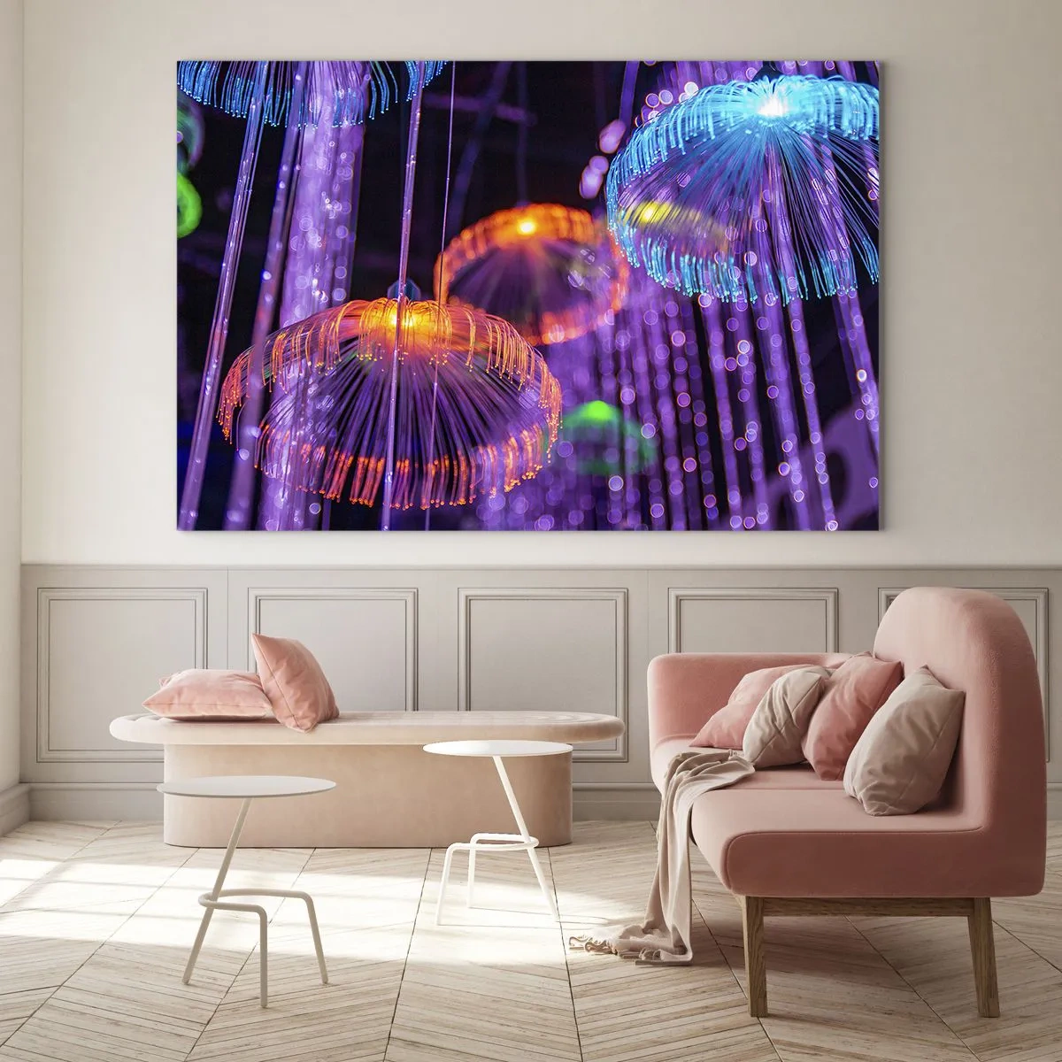 Schilderen op glas - Kleurrijke lichtstructuren die lijken op kwallen - 70x50cm - Lichte fontein - Moderne wanddecoratie voor woonkamer en slaapkamer ARTTOR