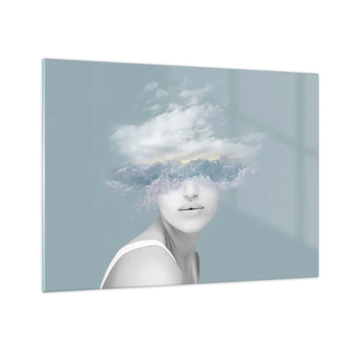 Schilderen op glas - Het gezicht van een vrouw versmelt met de lucht en de wolken in een surrealistisch beeld. - 70x50cm - Met hoofd in de wolken - Moderne wanddecoratie voor woonkamer en slaapkamer ARTTOR