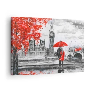Schilderen op canvas - Romantisch tafereel met Big Ben en een rode paraplu - 70x50cm - Verliefd op Londen - Moderne wanddecoratie voor woonkamer en slaapkamer ARTTOR