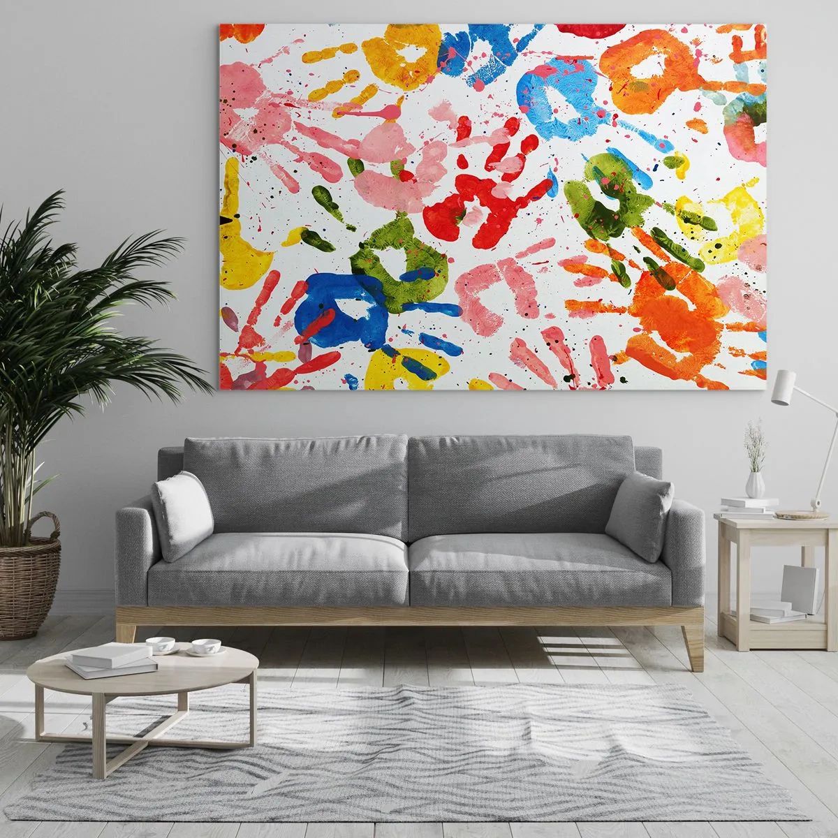 Schilderen op glas - Kleurrijke handafdrukken op een witte achtergrond - 70x50cm - Volg de voetstappen - Moderne wanddecoratie voor woonkamer en slaapkamer ARTTOR