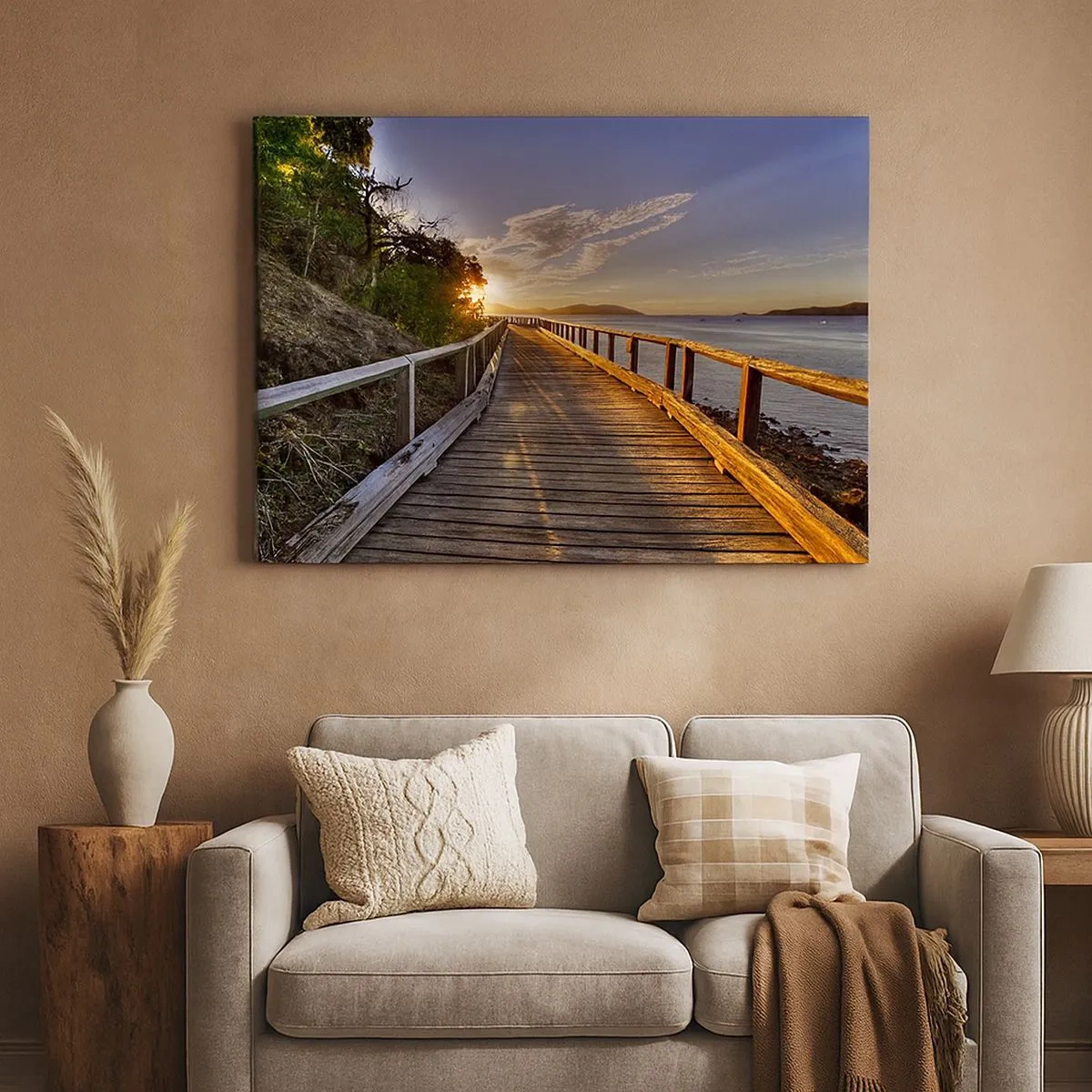 Schilderen op canvas - Een houten steiger leidt naar de zonsondergang over het water - 70x50cm - Ga, blijf naar de zon gaan - Moderne wanddecoratie voor woonkamer en slaapkamer ARTTOR