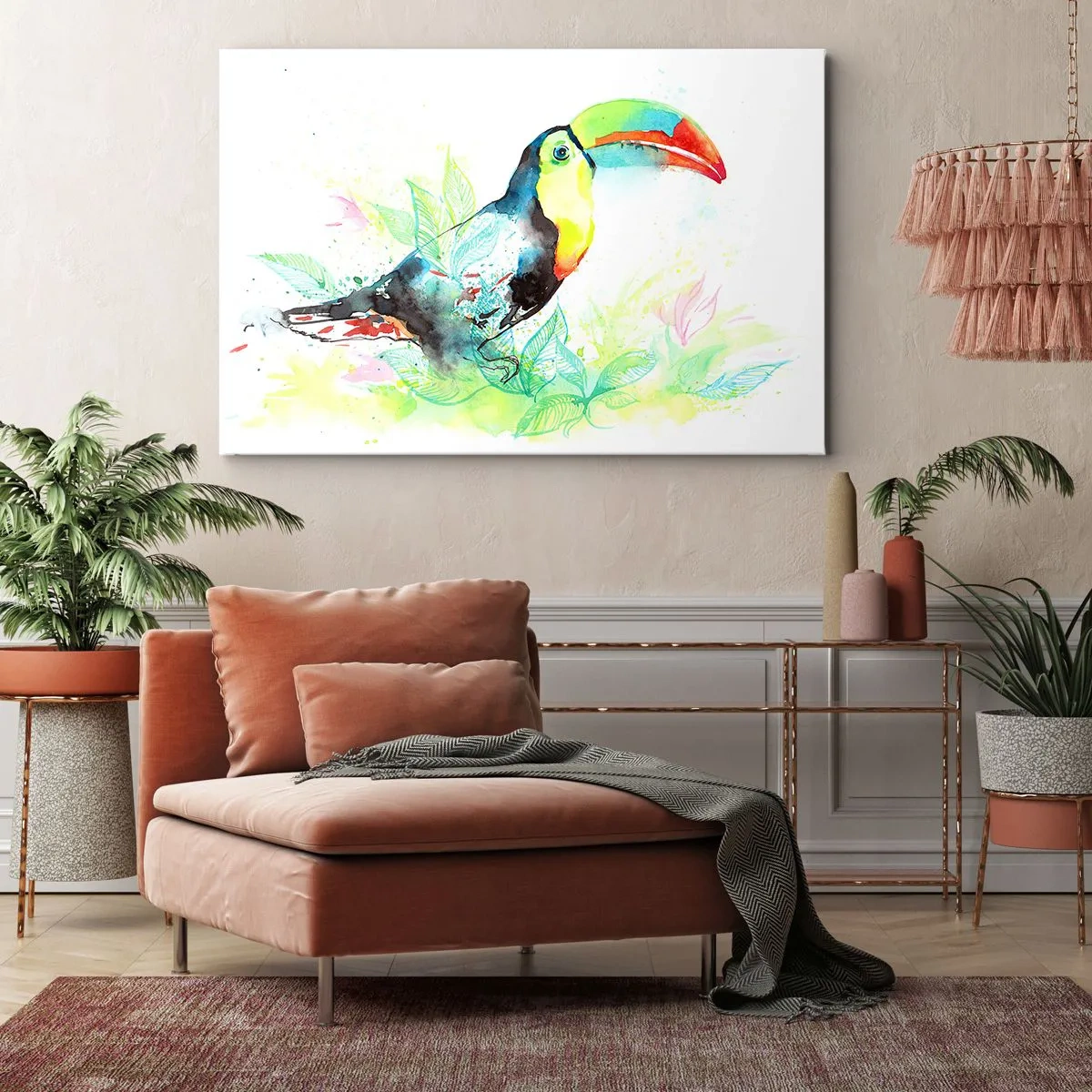 Schilderen op canvas - Aquarelillustratie van een toekan op een tropische achtergrond - 70x50cm - Zo kleurrijk als Zuid-Amerika - Moderne wanddecoratie voor woonkamer en slaapkamer ARTTOR