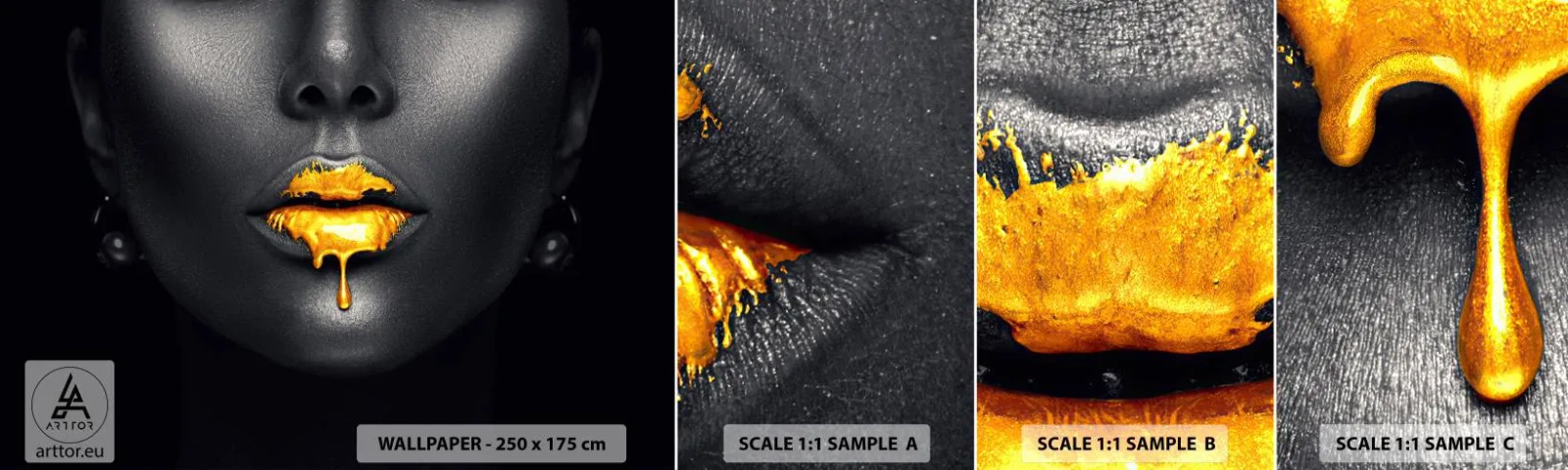 Fotobehang Staaltje Standard Eco - Goldmouth - Abstractie, Vrouw mond, Het gezicht van de vrouw - 100x30 cm