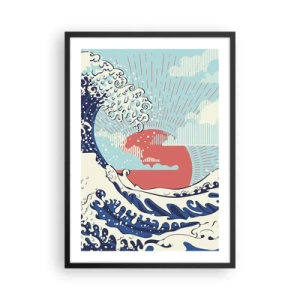 Poster in een zwarte lijst - Japans geïnspireerde grafische golf met een rode zon - 50x70cm - Van Japanse inspiratie - Moderne wanddecoratie voor woonkamer en slaapkamer ARTTOR