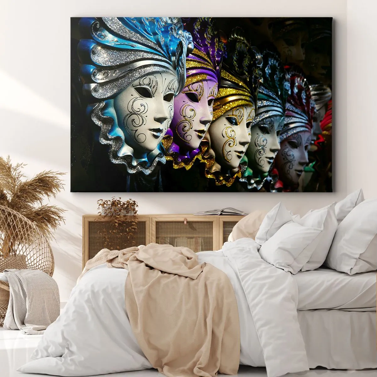 Schilderen op canvas - Venetiaanse maskers in verschillende kleuren met decoratieve patronen - 70x50cm - Mysterie in goud en zilver - Moderne wanddecoratie voor woonkamer en slaapkamer ARTTOR