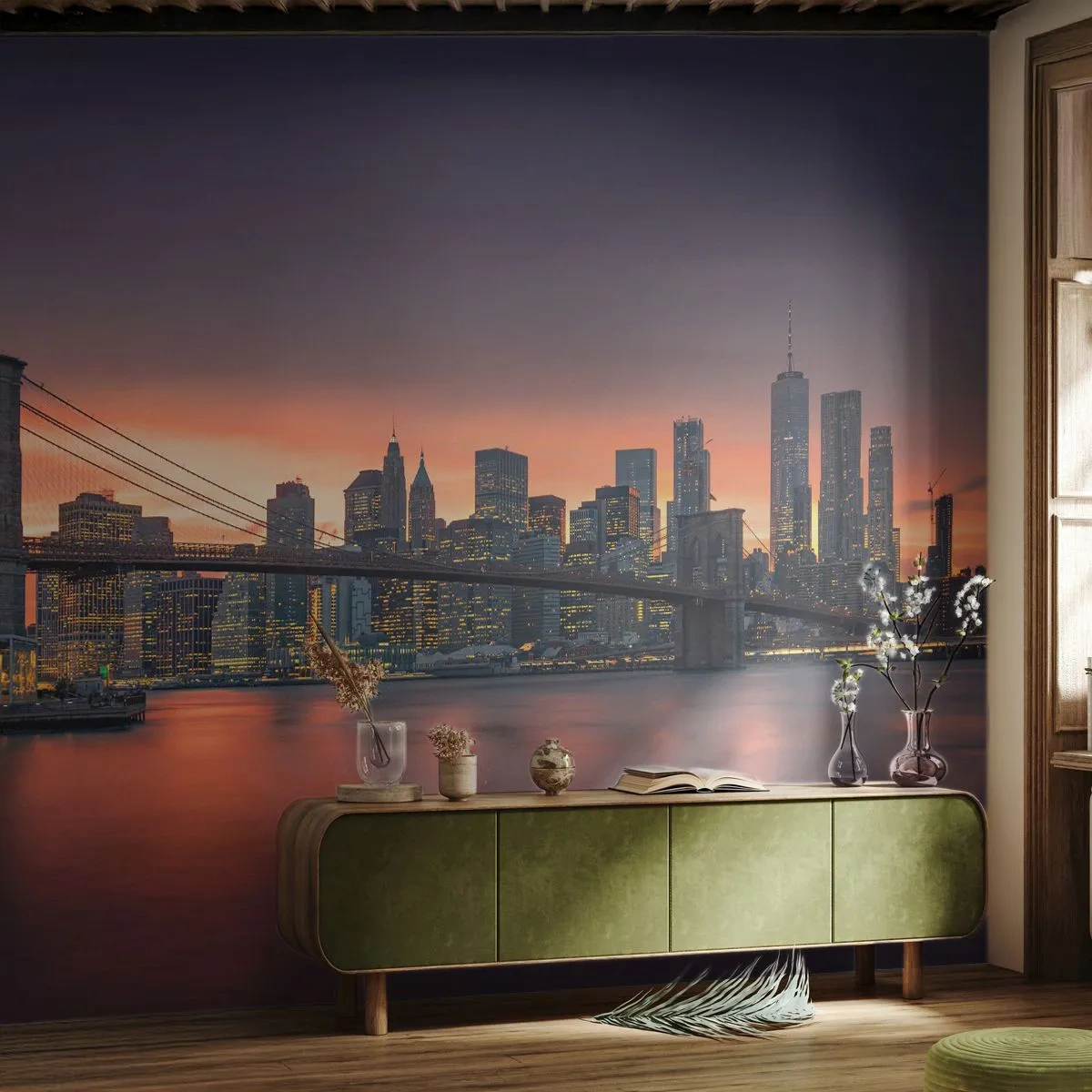 Zelfklevend Fotobehang Deluxe Sticker - Ondergedompeld in lila stilte - New York, Stad, Brooklyn Bridge - 250x175 cm