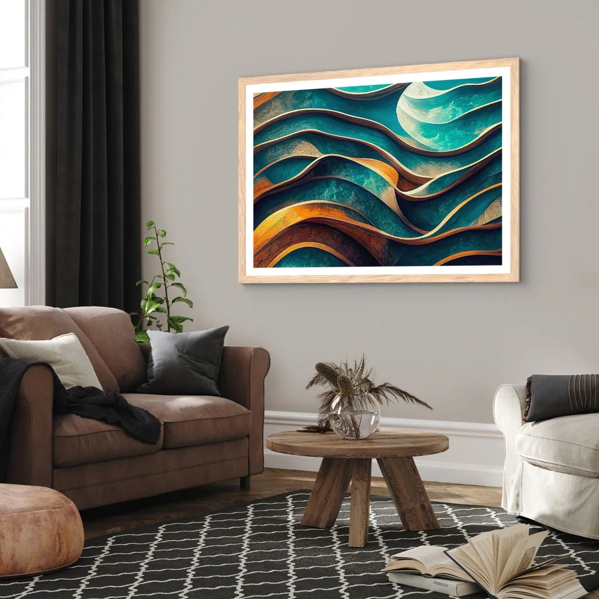 Een poster in een licht eiken lijst - Meanders van blauw - 100x70 cm