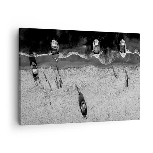 Schilderen op canvas - Luchtfoto zwart-witfoto van boten op het strand - 70x50cm - Nog steeds aan de oever… - Moderne wanddecoratie voor woonkamer en slaapkamer ARTTOR