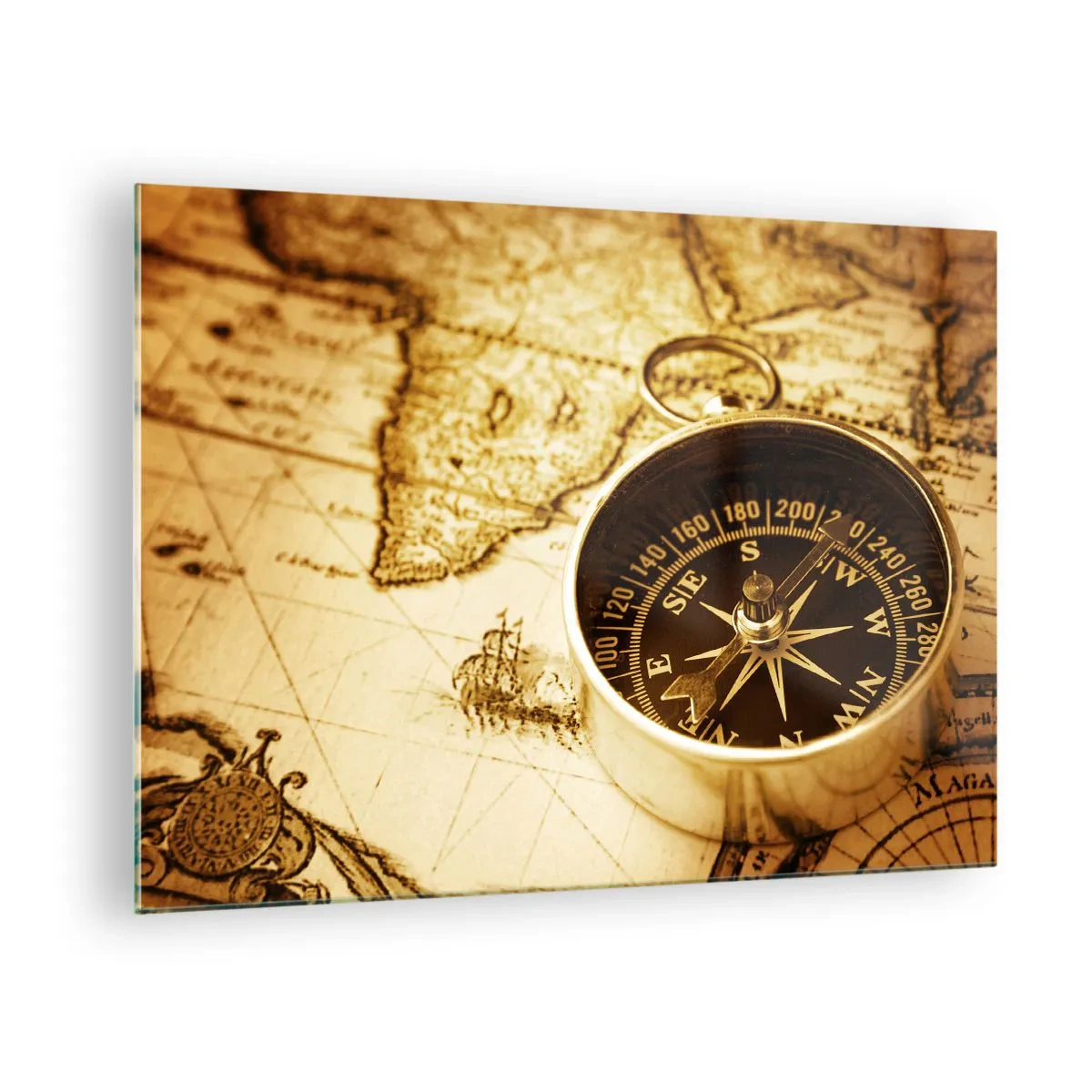 Schilderen op glas - Een gouden kompas op een oude kaartachtergrond - 70x50cm - Oost of west? - Moderne wanddecoratie voor woonkamer en slaapkamer ARTTOR