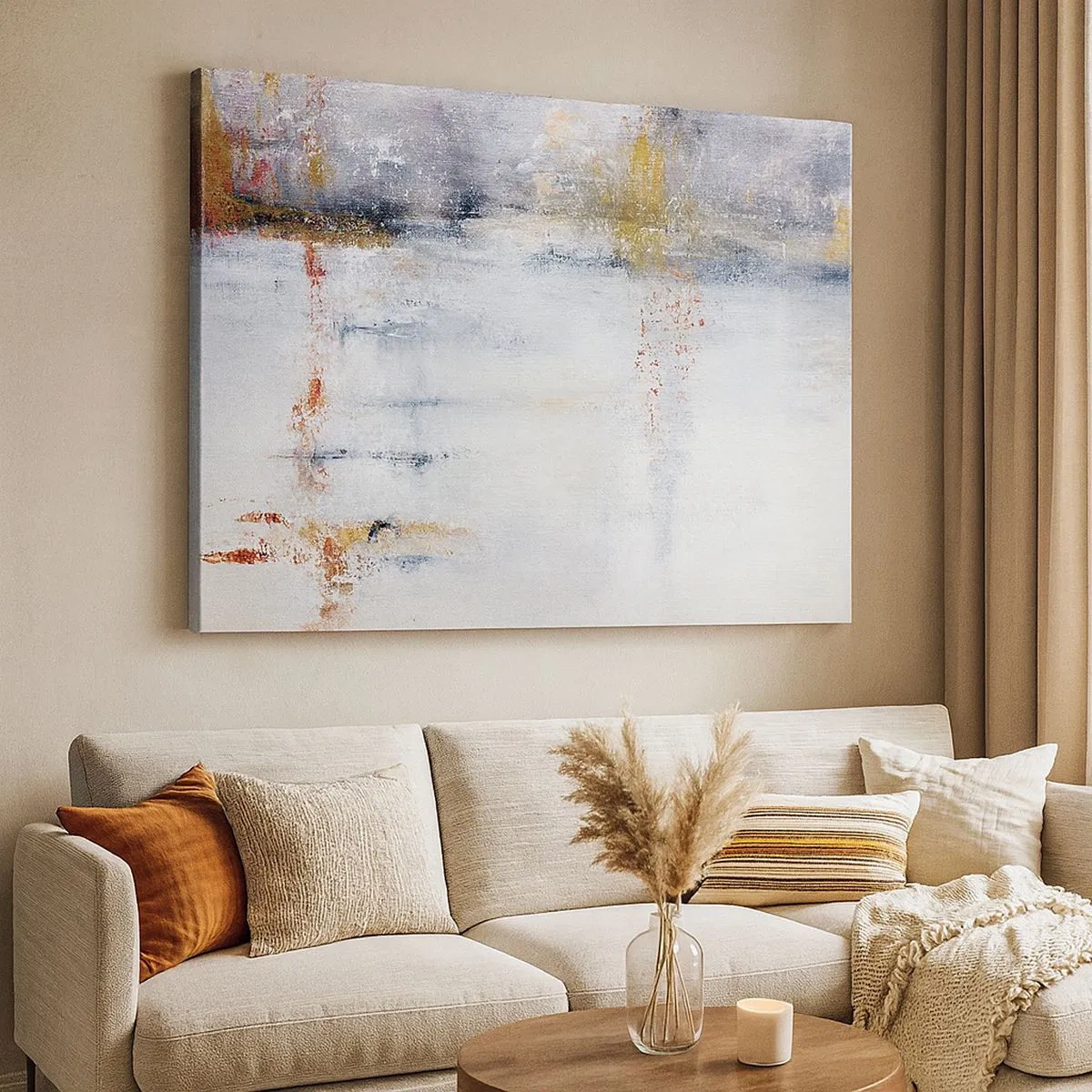 Schilderen op canvas - Een abstract landschap met vage accenten van grijs en goud. - 70x50cm - Achter de luchtgordijn - Moderne wanddecoratie voor woonkamer en slaapkamer ARTTOR