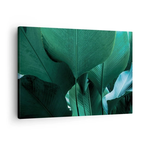 Schilderen op canvas - Groene bladeren in een minimalistische compositie - 70x50cm - Naar het licht gekeerd - Moderne wanddecoratie voor woonkamer en slaapkamer ARTTOR