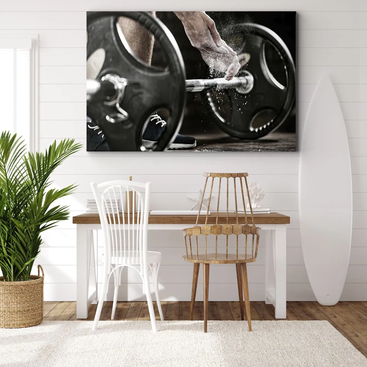 Schilderen op canvas - Halters en de handen van een atleet ter voorbereiding op de training - 70x50cm - Uitdaging aanvaard! - Moderne wanddecoratie voor woonkamer en slaapkamer ARTTOR
