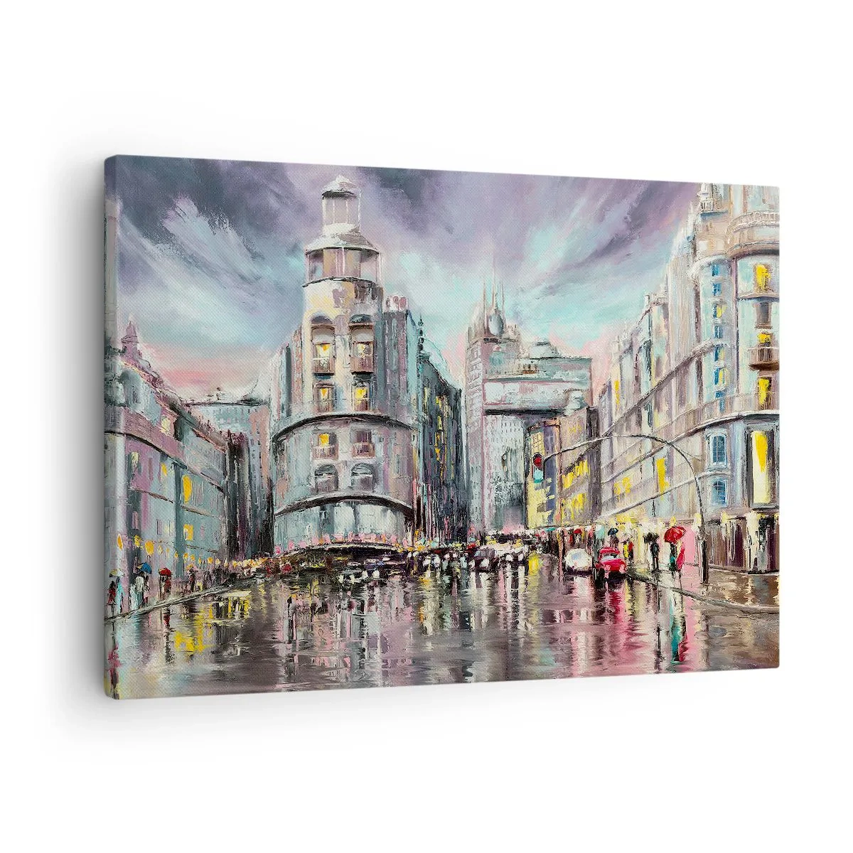 Schilderen op canvas - Avondzicht op de stad met reflecties op de natte straat - 70x50cm - Het wordt een geslaagde avond - Moderne wanddecoratie voor woonkamer en slaapkamer ARTTOR