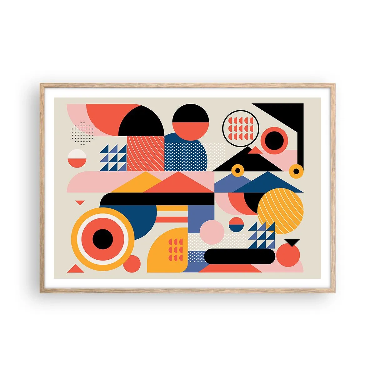 Een poster in een licht eiken lijst - Compositie: speel rond - 100x70 cm