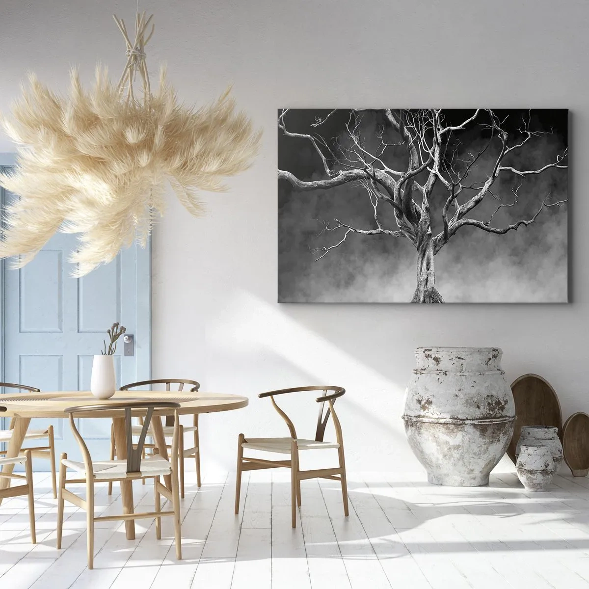 Schilderen op canvas - Een droge boom in zwart-wit tegen de mist - 70x50cm - Oorspronkelijk en heilig - Moderne wanddecoratie voor woonkamer en slaapkamer ARTTOR
