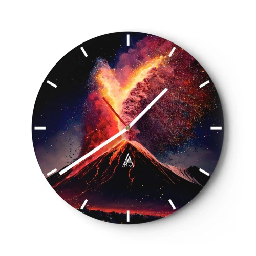 Wandklok - Klok - Vulkaanuitbarsting met een fontein van vuur en rook tegen een nachtelijke achtergrond - 30x30cm - Schoonheid en verschrikking - Moderne wanddecoratie voor woonkamer, keuken en slaapkamer ARTTOR