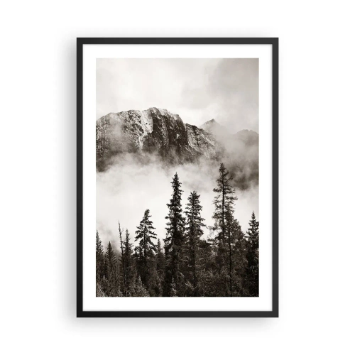 Poster in een zwarte lijst - Berglandschap met bomen en mist - 50x70cm - Granieten liniaal - Moderne wanddecoratie voor woonkamer en slaapkamer ARTTOR