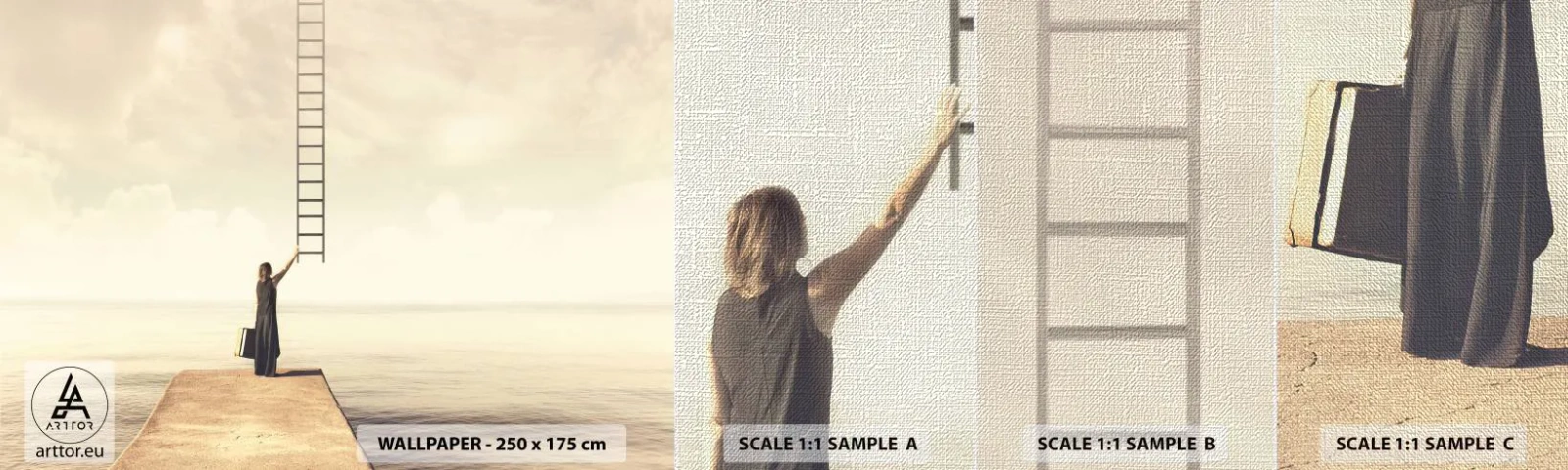 Fotobehang Monster Premium Canvas - Een magische reis - Abstractie, Vrouw, Ladder - 100x30 cm