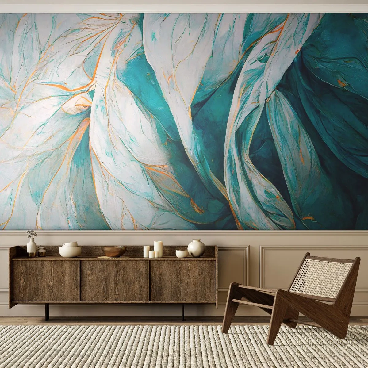 Fotobehang Standard Eco - Wuivende blauwe bladeren met een delicaat gouden accent - 100x70cm - Blauwe abstractie met een gouden motief - Moderne wanddecoratie voor woonkamer en slaapkamer ARTTOR