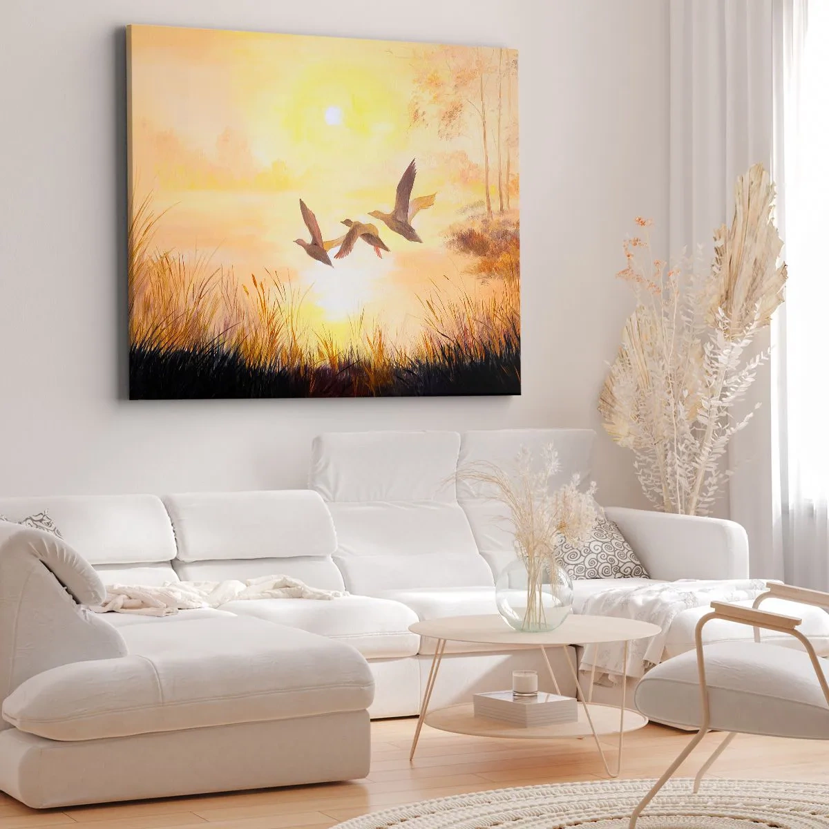 Schilderen op canvas - Eenden vliegen bij zonsopgang over het meer - 70x50cm - Het begin van een lange reis - Moderne wanddecoratie voor woonkamer en slaapkamer ARTTOR