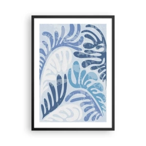 Poster in een zwarte lijst - Abstracte compositie van bladeren in tinten blauw - 50x70cm - Blauwe varens - Moderne wanddecoratie voor woonkamer en slaapkamer ARTTOR