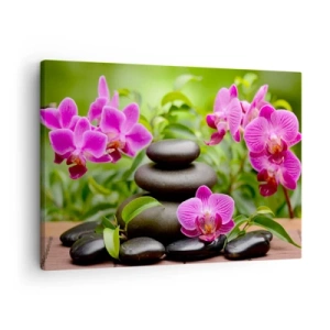 Schilderen op canvas - Roze orchideeën met stenen op een groene achtergrond - 70x50cm - De piramide van vrede - Moderne wanddecoratie voor woonkamer en slaapkamer ARTTOR