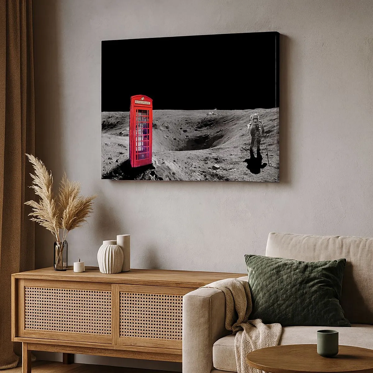 Schilderen op canvas - Rode telefooncel op de maan - 70x50cm - Een kosmische grap - Moderne wanddecoratie voor woonkamer en slaapkamer ARTTOR