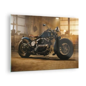 Schilderen op glas - Sfeervolle opname van een klassieke motorfiets in een garage - 70x50cm - Ik kan alles  - Moderne wanddecoratie voor woonkamer en slaapkamer ARTTOR