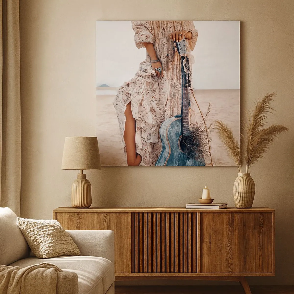 Schilderen op canvas - Vrouw in boho-stijl met gitaar op het strand - 70x50cm - Kinderen bloemen onderweg - Moderne wanddecoratie voor woonkamer en slaapkamer ARTTOR