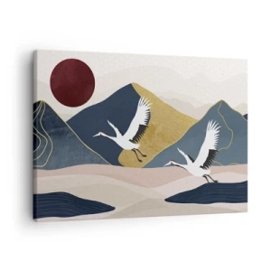 Schilderen op canvas - Kranen in vlucht tegen de achtergrond van bergen en een rode zon - 70x50cm - Het is weer een dag GEGAAN - Moderne wanddecoratie voor woonkamer en slaapkamer ARTTOR