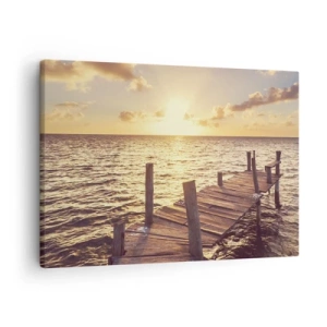Schilderen op canvas - Een houten steiger die naar de zonsondergang leidt - 70x50cm - Het gouden land van zachtheid - Moderne wanddecoratie voor woonkamer en slaapkamer ARTTOR