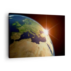 Schilderen op canvas - Uitzicht op de aarde vanuit de ruimte met zonnestralen aan de horizon - 70x50cm - Zonsopgang - Moderne wanddecoratie voor woonkamer en slaapkamer ARTTOR